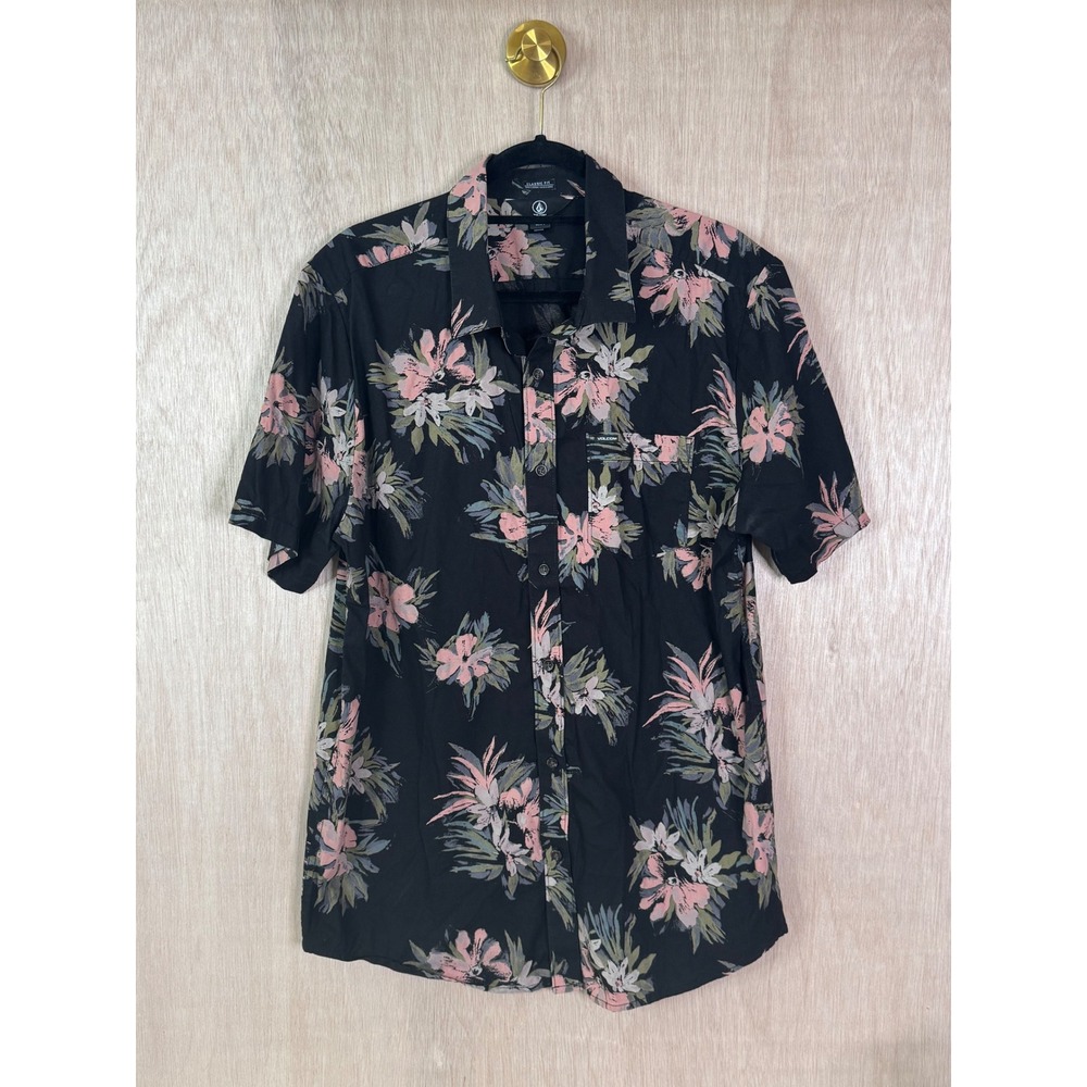 Volcom Mens Classic Fit Tropical Beach Shirt Black Pink Floral Alpha Style Large